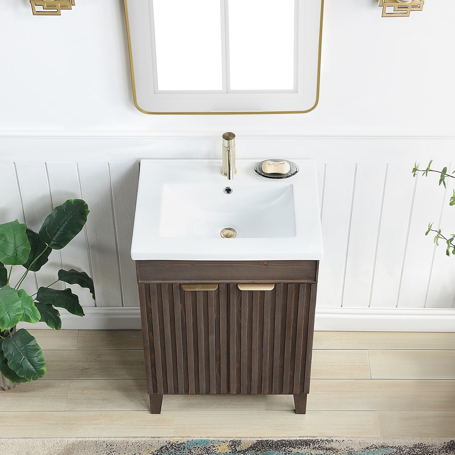 Vinnova, Palos 24" Free-standing Single Bath Vanity in Spruce Aged Brown with Drop-In White Ceramic Basin Top and Mirror