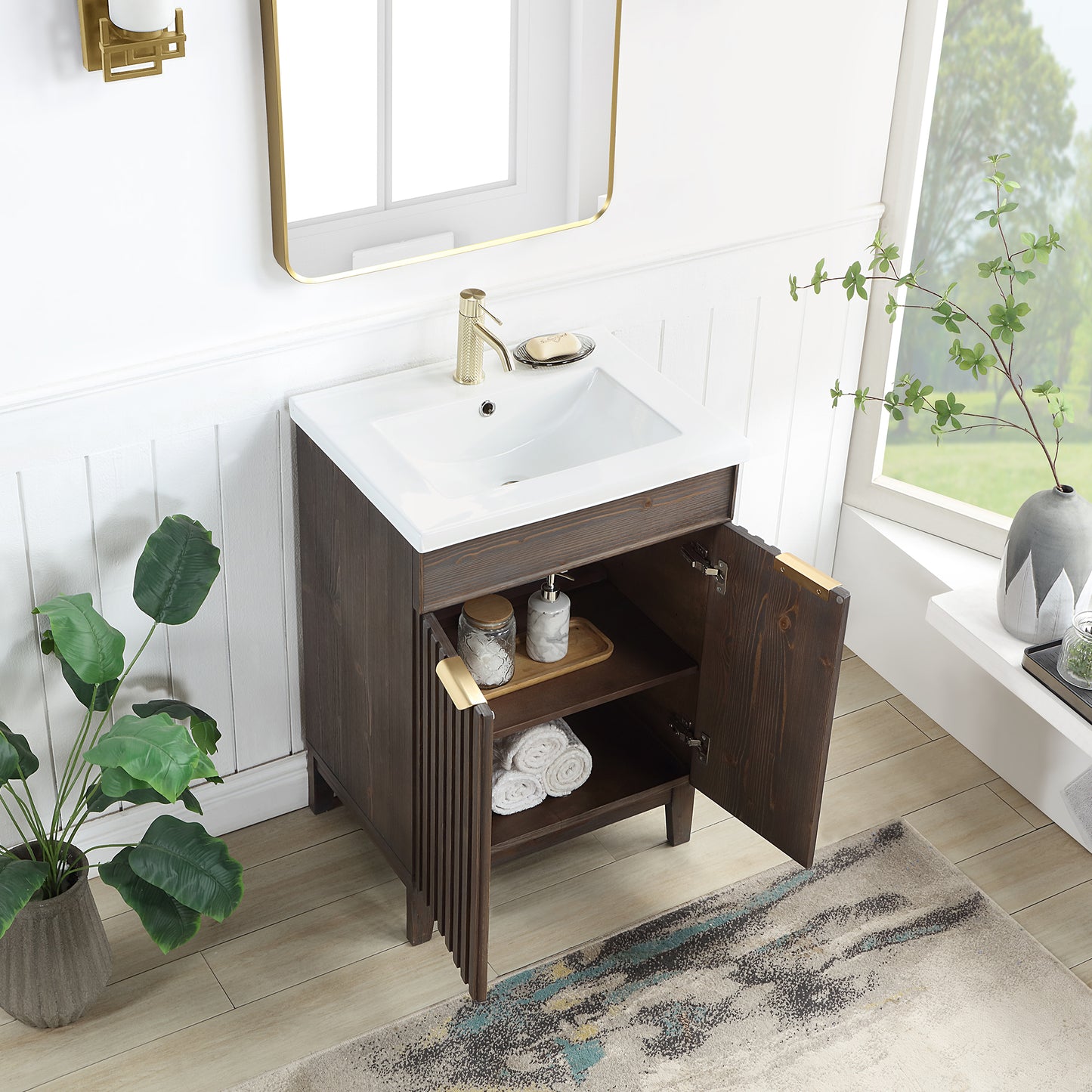 Vinnova, Palos 24" Free-standing Single Bath Vanity in Spruce Aged Brown with Drop-In White Ceramic Basin Top and Mirror