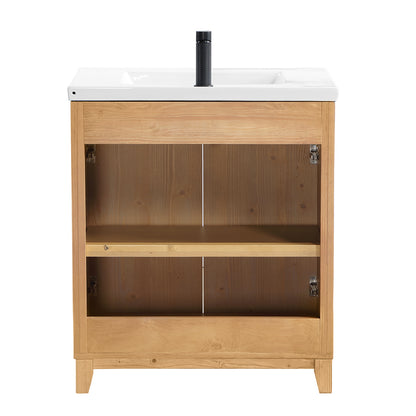 Vinnova, Palos 30" Free-standing Single Bath Vanity in Fir Wood Brown with Drop-In White Ceramic Basin Top