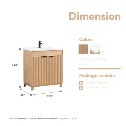 Vinnova, Palos 30" Free-standing Single Bath Vanity in Fir Wood Brown with Drop-In White Ceramic Basin Top