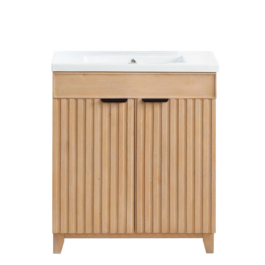 Vinnova, Palos 30" Free-standing Single Bath Vanity in Fir Wood Brown with Drop-In White Ceramic Basin Top
