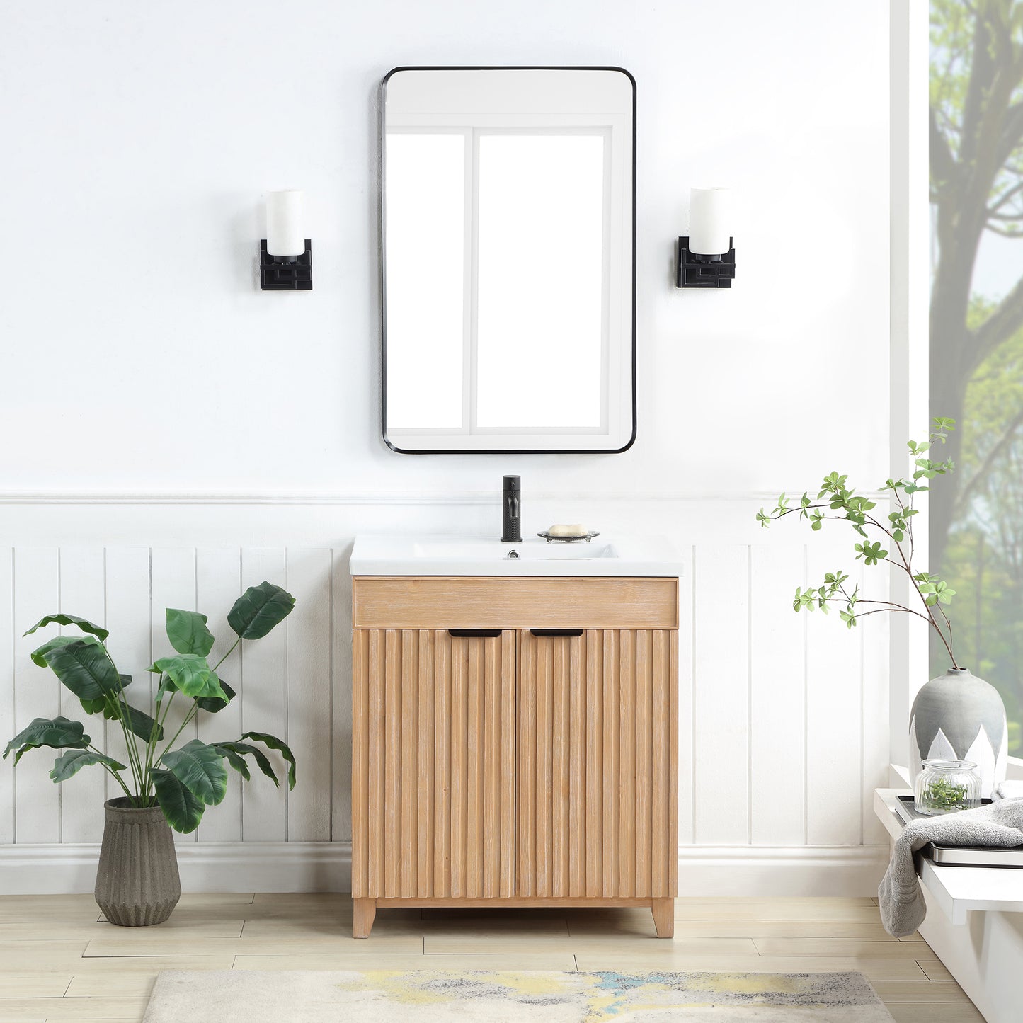 Vinnova, Palos 30" Free-standing Single Bath Vanity in Fir Wood Brown with Drop-In White Ceramic Basin Top and Mirror
