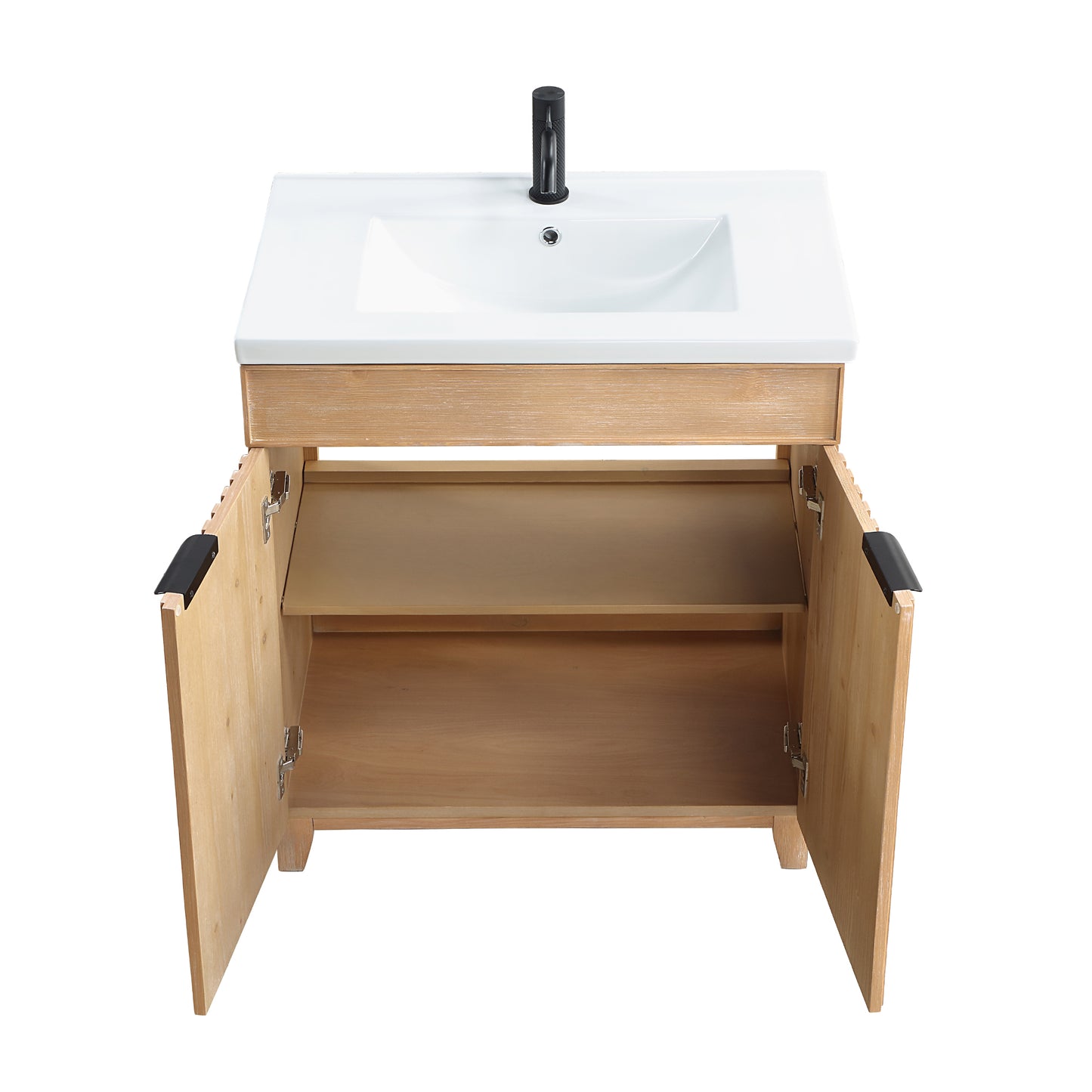 Vinnova, Palos 30" Free-standing Single Bath Vanity in Fir Wood Brown with Drop-In White Ceramic Basin Top and Mirror