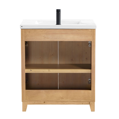 Vinnova, Palos 30" Free-standing Single Bath Vanity in Fir Wood Brown with Drop-In White Ceramic Basin Top and Mirror