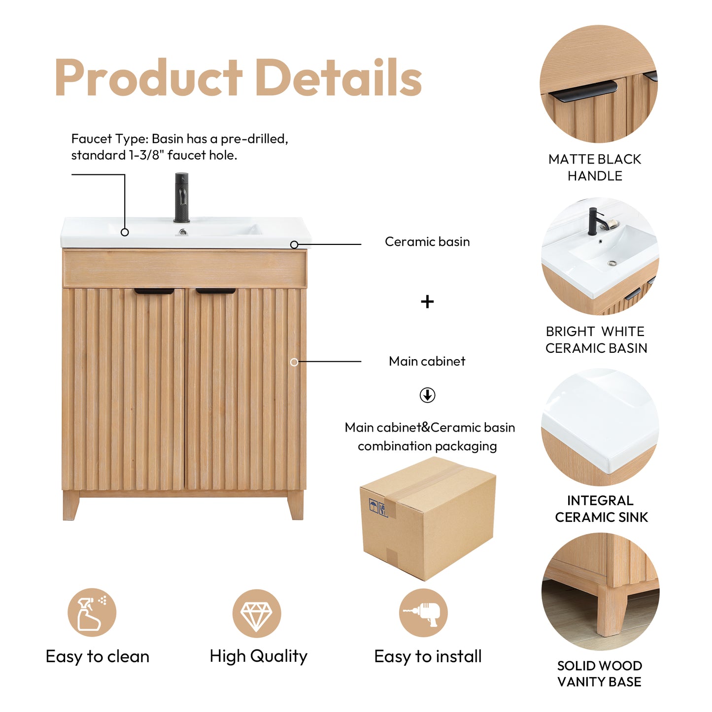 Vinnova, Palos 30" Free-standing Single Bath Vanity in Fir Wood Brown with Drop-In White Ceramic Basin Top and Mirror