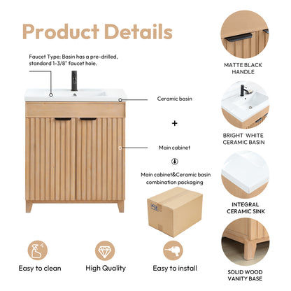 Vinnova, Palos 30" Free-standing Single Bath Vanity in Fir Wood Brown with Drop-In White Ceramic Basin Top and Mirror