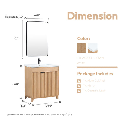 Vinnova, Palos 30" Free-standing Single Bath Vanity in Fir Wood Brown with Drop-In White Ceramic Basin Top and Mirror