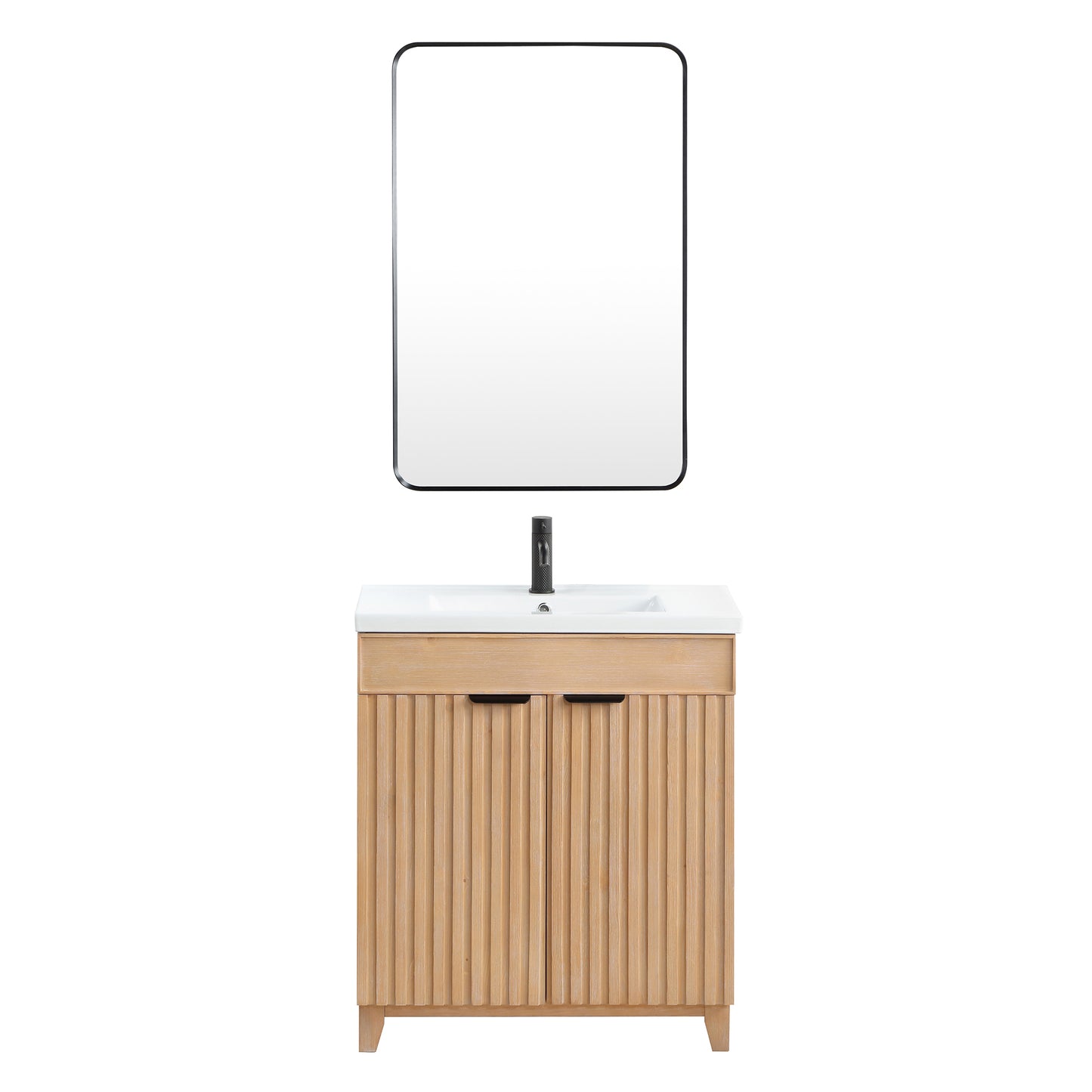 Vinnova, Palos 30" Free-standing Single Bath Vanity in Fir Wood Brown with Drop-In White Ceramic Basin Top and Mirror