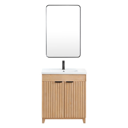 Vinnova, Palos 30" Free-standing Single Bath Vanity in Fir Wood Brown with Drop-In White Ceramic Basin Top and Mirror