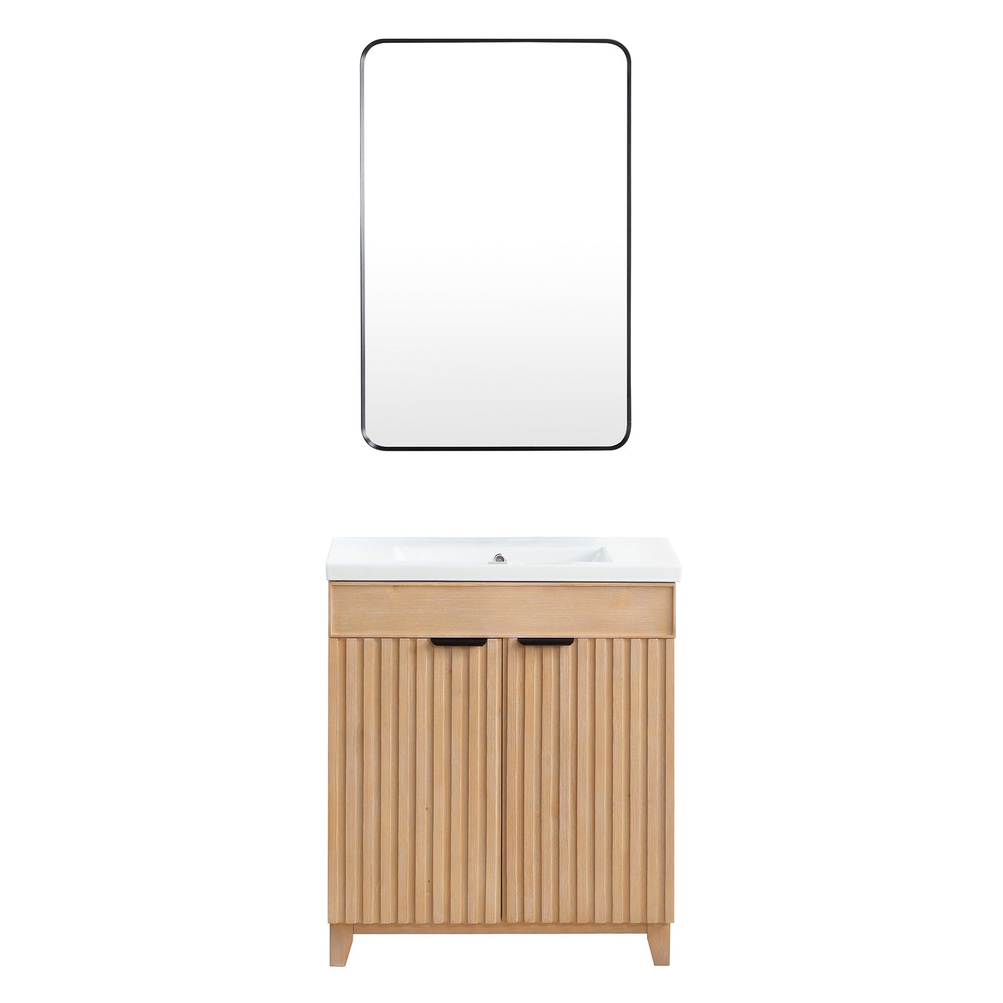 Vinnova, Palos 30" Free-standing Single Bath Vanity in Fir Wood Brown with Drop-In White Ceramic Basin Top and Mirror