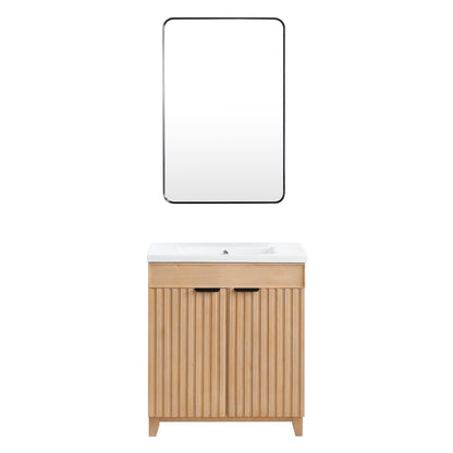 Vinnova, Palos 30" Free-standing Single Bath Vanity in Fir Wood Brown with Drop-In White Ceramic Basin Top and Mirror