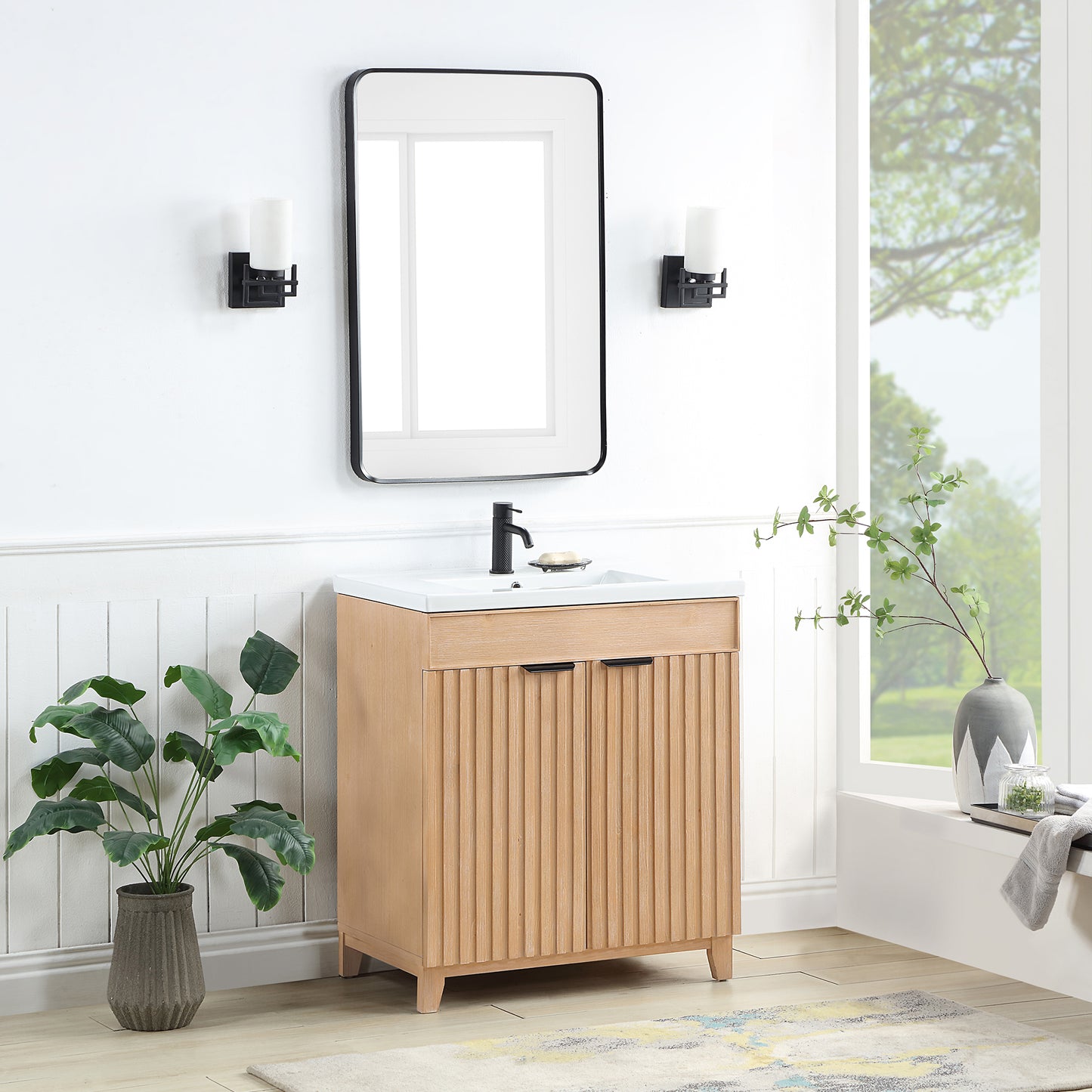 Vinnova, Palos 30" Free-standing Single Bath Vanity in Fir Wood Brown with Drop-In White Ceramic Basin Top and Mirror