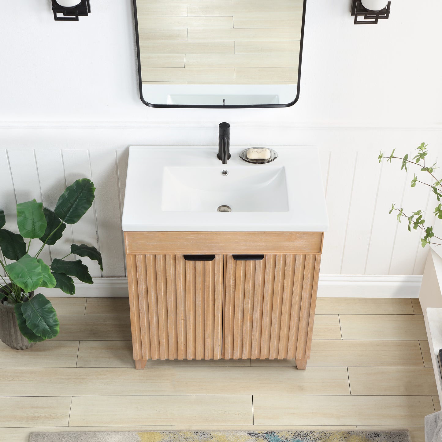 Vinnova, Palos 30" Free-standing Single Bath Vanity in Fir Wood Brown with Drop-In White Ceramic Basin Top and Mirror