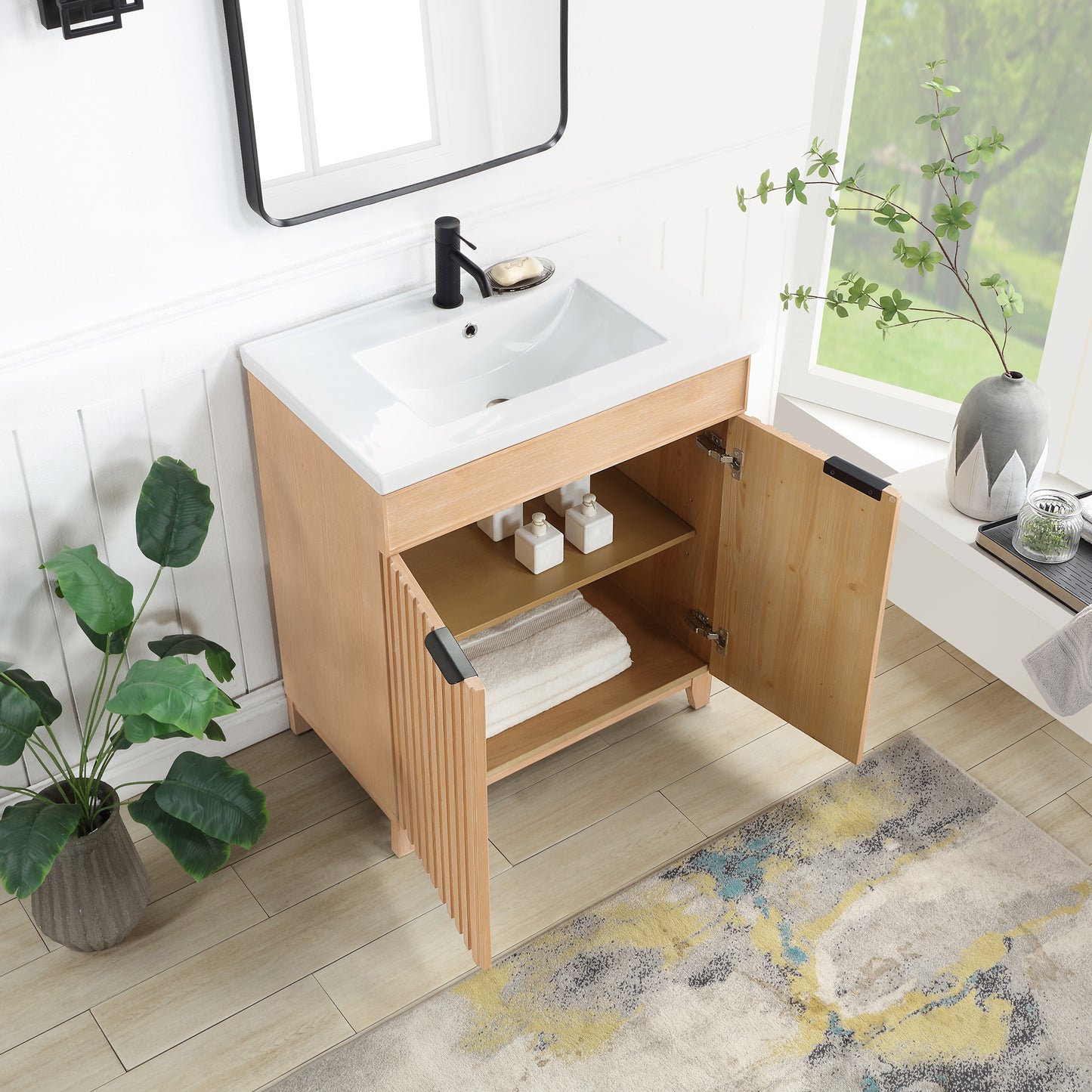 Vinnova, Palos 30" Free-standing Single Bath Vanity in Fir Wood Brown with Drop-In White Ceramic Basin Top and Mirror