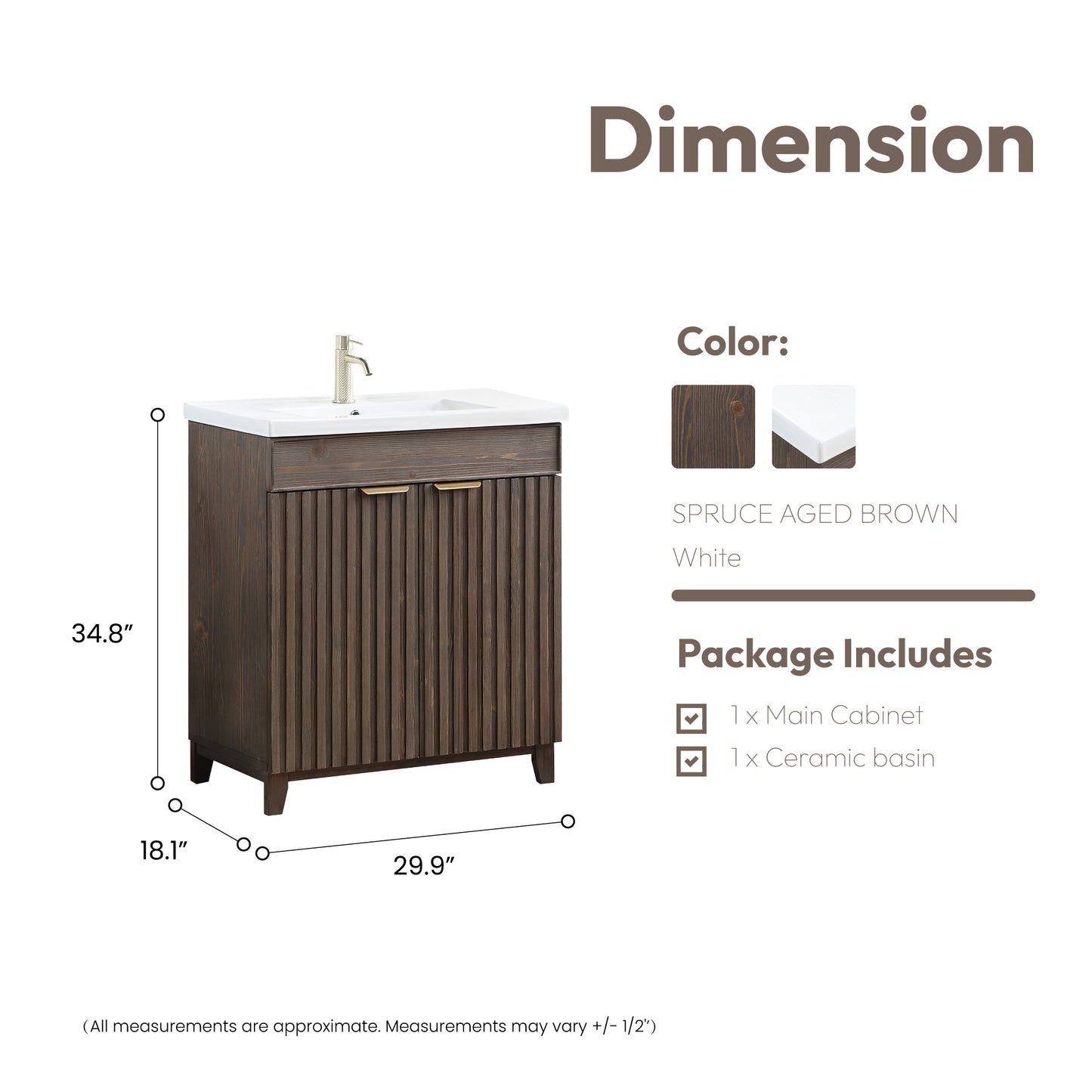 Vinnova, Palos 30" Free-standing Single Bath Vanity in Spruce Aged Brown with Drop-In White Ceramic Basin Top