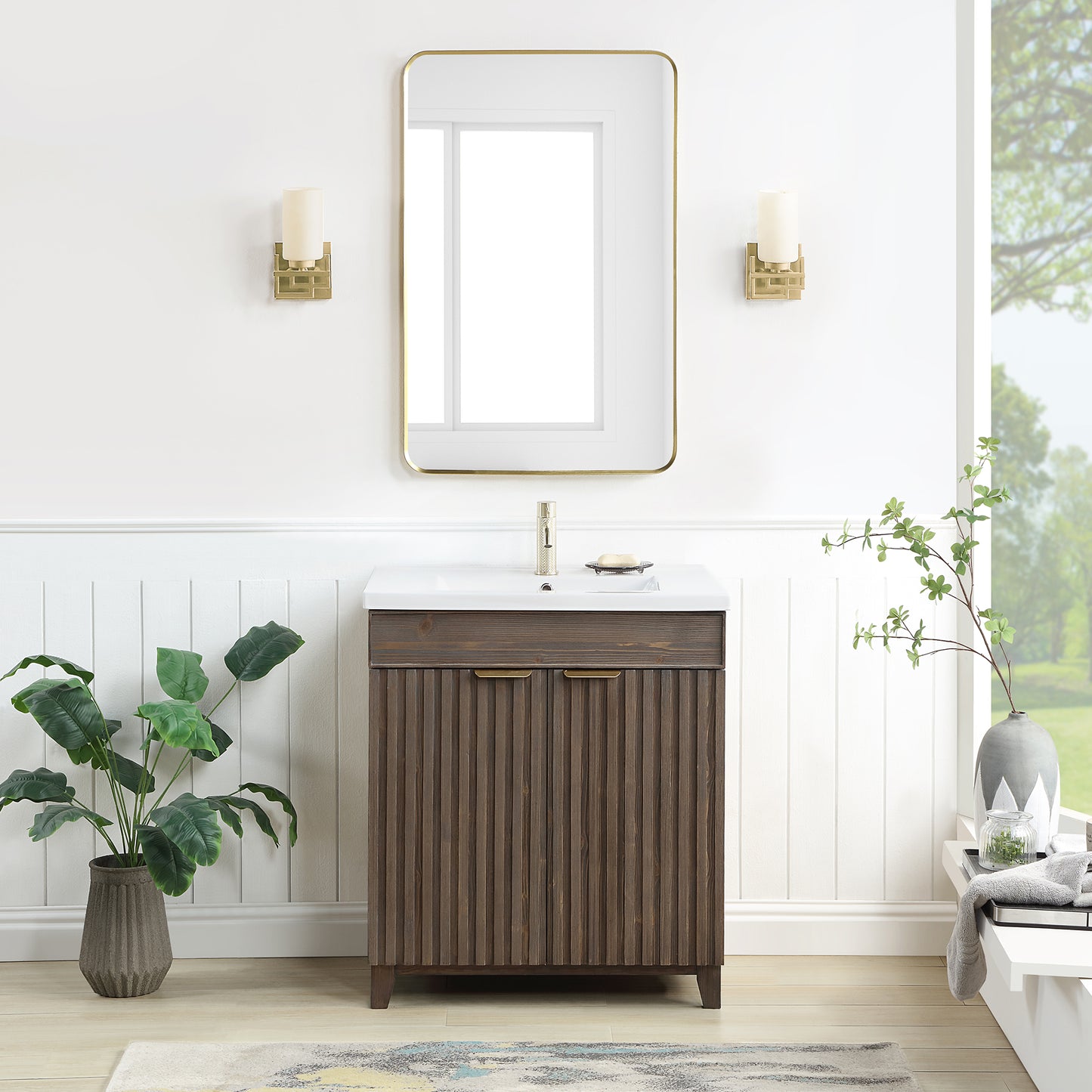 Vinnova, Palos 30" Free-standing Single Bath Vanity in Spruce Aged Brown with Drop-In White Ceramic Basin Top and Mirror