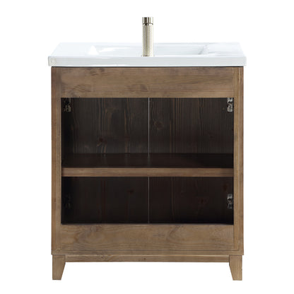 Vinnova, Palos 30" Free-standing Single Bath Vanity in Spruce Aged Brown with Drop-In White Ceramic Basin Top and Mirror