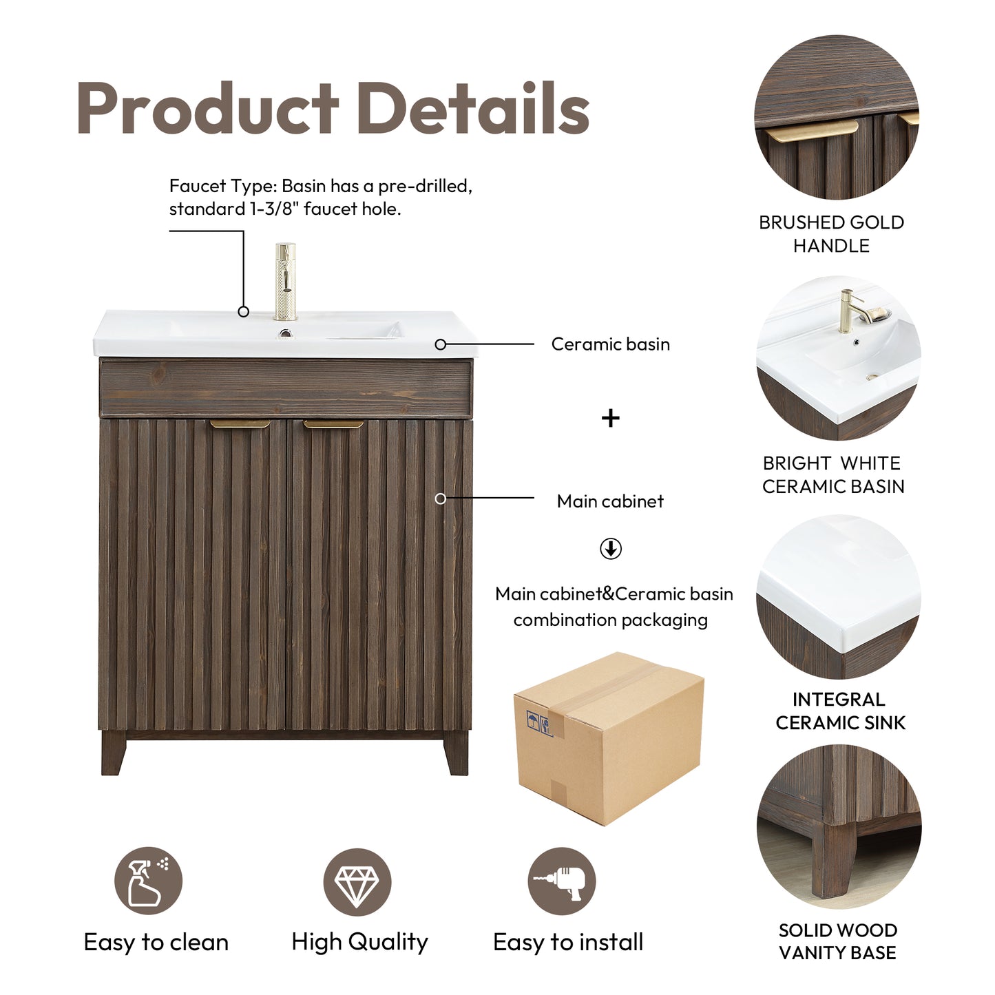 Vinnova, Palos 30" Free-standing Single Bath Vanity in Spruce Aged Brown with Drop-In White Ceramic Basin Top and Mirror