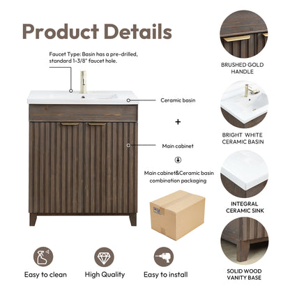 Vinnova, Palos 30" Free-standing Single Bath Vanity in Spruce Aged Brown with Drop-In White Ceramic Basin Top and Mirror