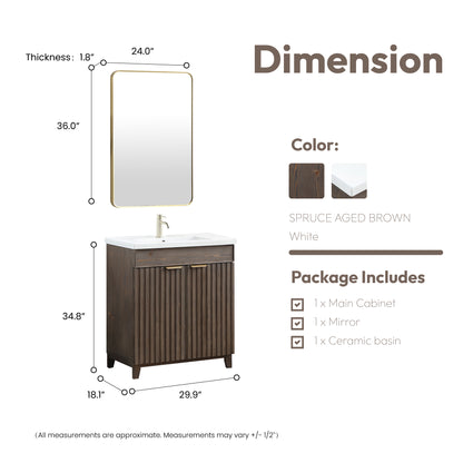 Vinnova, Palos 30" Free-standing Single Bath Vanity in Spruce Aged Brown with Drop-In White Ceramic Basin Top and Mirror