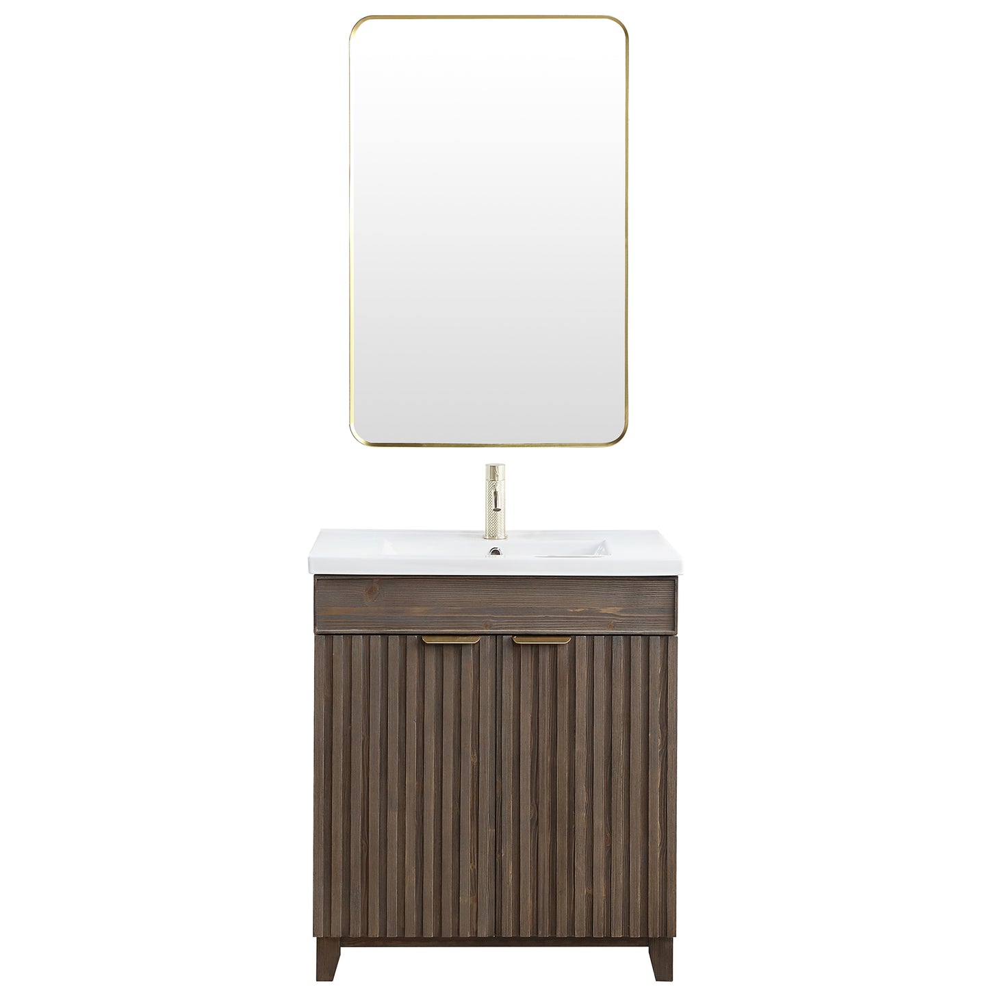 Vinnova, Palos 30" Free-standing Single Bath Vanity in Spruce Aged Brown with Drop-In White Ceramic Basin Top and Mirror