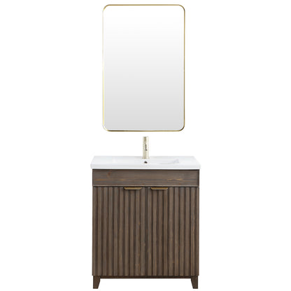 Vinnova, Palos 30" Free-standing Single Bath Vanity in Spruce Aged Brown with Drop-In White Ceramic Basin Top and Mirror