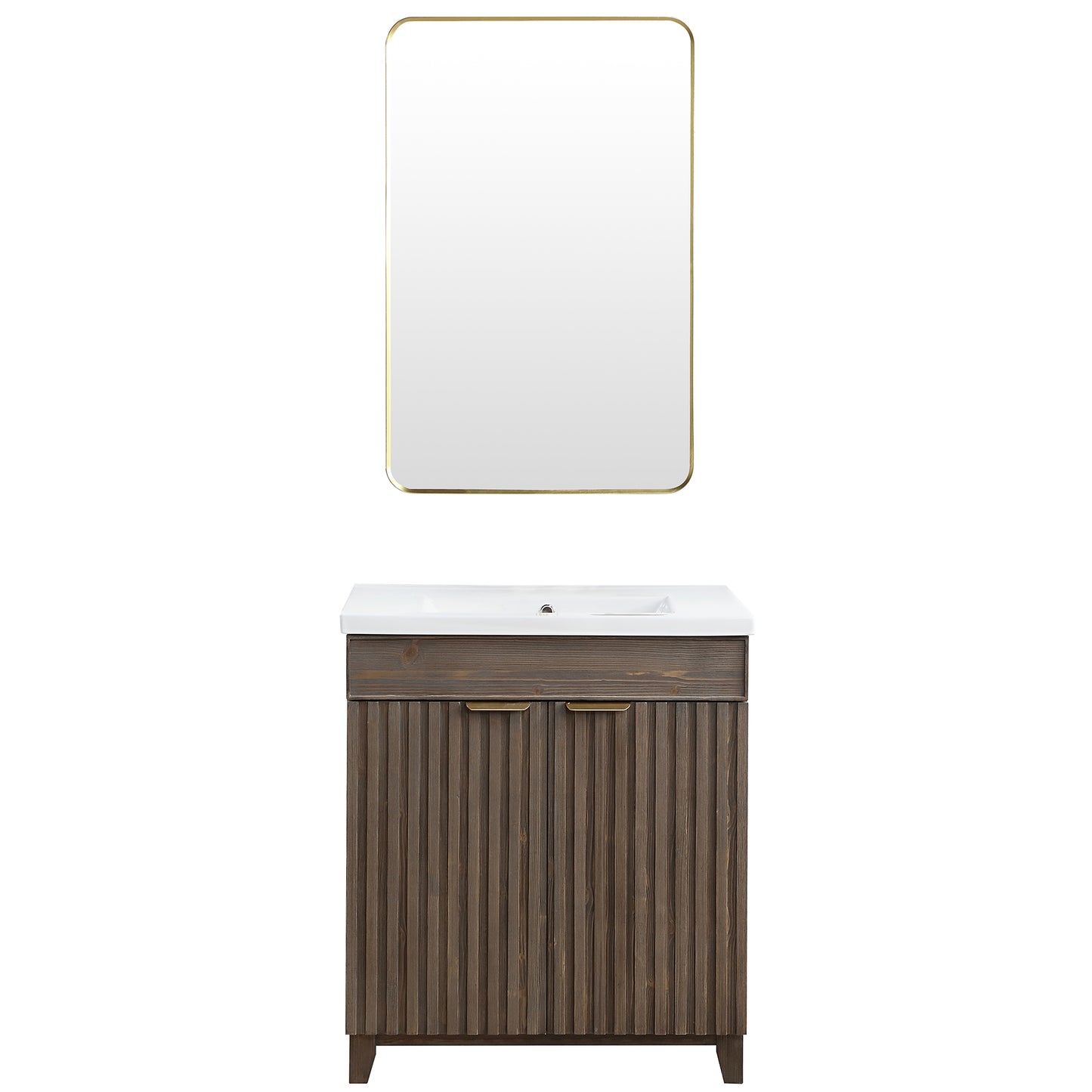 Vinnova, Palos 30" Free-standing Single Bath Vanity in Spruce Aged Brown with Drop-In White Ceramic Basin Top and Mirror