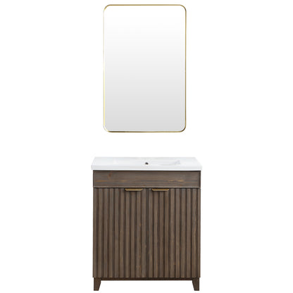 Vinnova, Palos 30" Free-standing Single Bath Vanity in Spruce Aged Brown with Drop-In White Ceramic Basin Top and Mirror