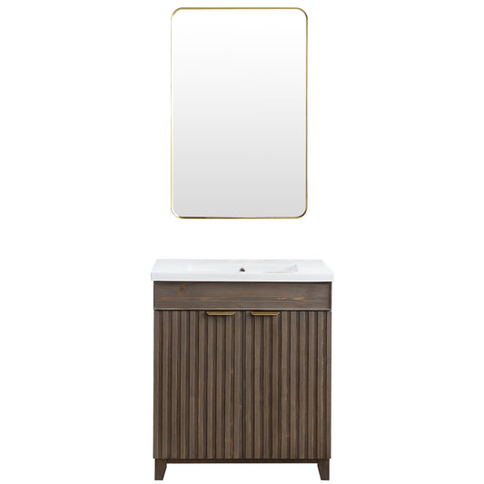 Vinnova, Palos 30" Free-standing Single Bath Vanity in Spruce Aged Brown with Drop-In White Ceramic Basin Top and Mirror