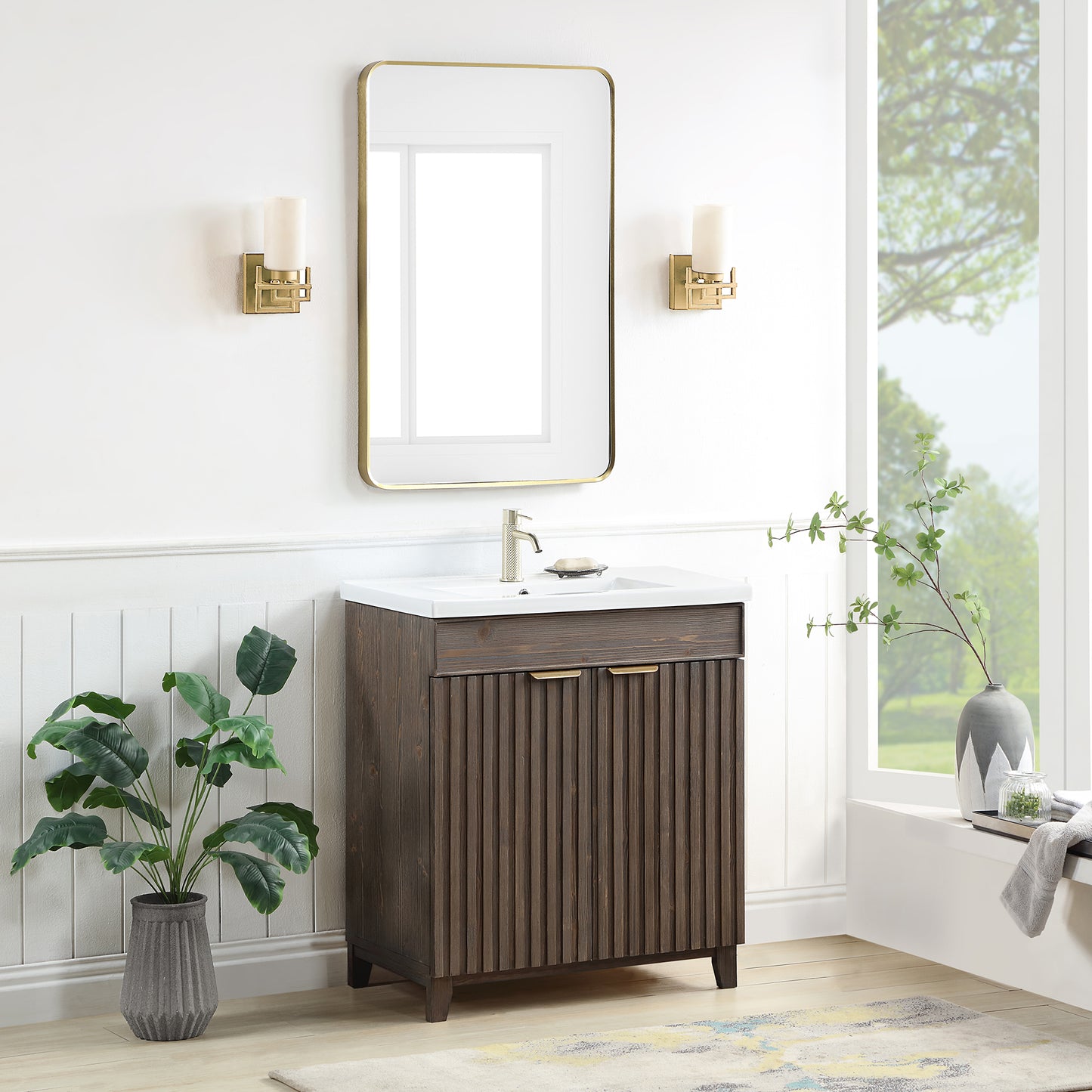 Vinnova, Palos 30" Free-standing Single Bath Vanity in Spruce Aged Brown with Drop-In White Ceramic Basin Top and Mirror