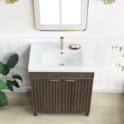 Vinnova, Palos 30" Free-standing Single Bath Vanity in Spruce Aged Brown with Drop-In White Ceramic Basin Top and Mirror