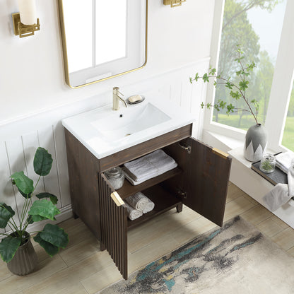 Vinnova, Palos 30" Free-standing Single Bath Vanity in Spruce Aged Brown with Drop-In White Ceramic Basin Top and Mirror