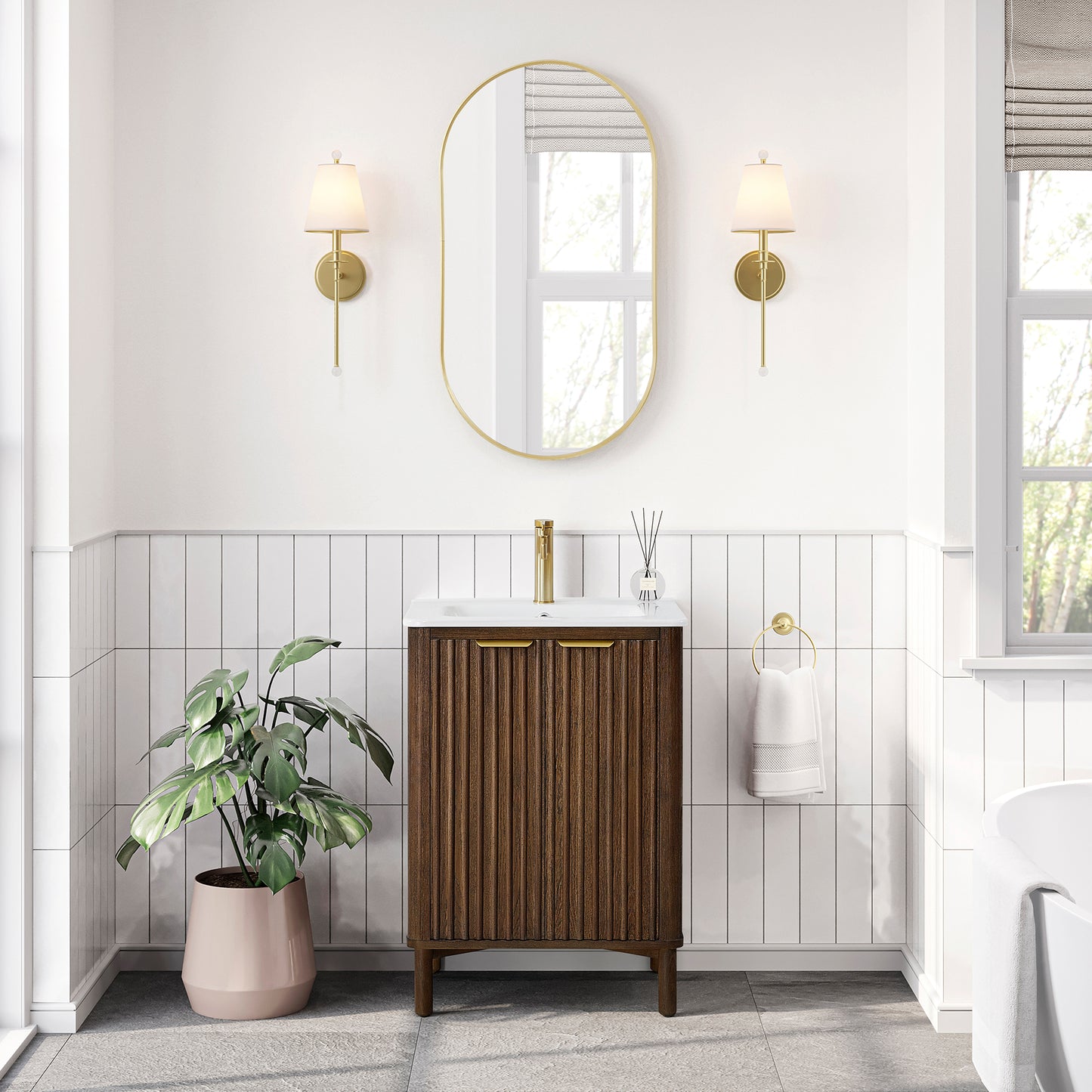 Vinnova, Mumbai 24" Free-standing Single Bath Vanity in Aged Dark Brown Oak with Drop-In White Ceramic Basin Top