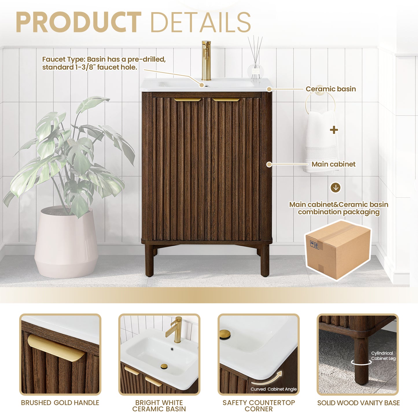 Vinnova, Mumbai 24" Free-standing Single Bath Vanity in Aged Dark Brown Oak with Drop-In White Ceramic Basin Top