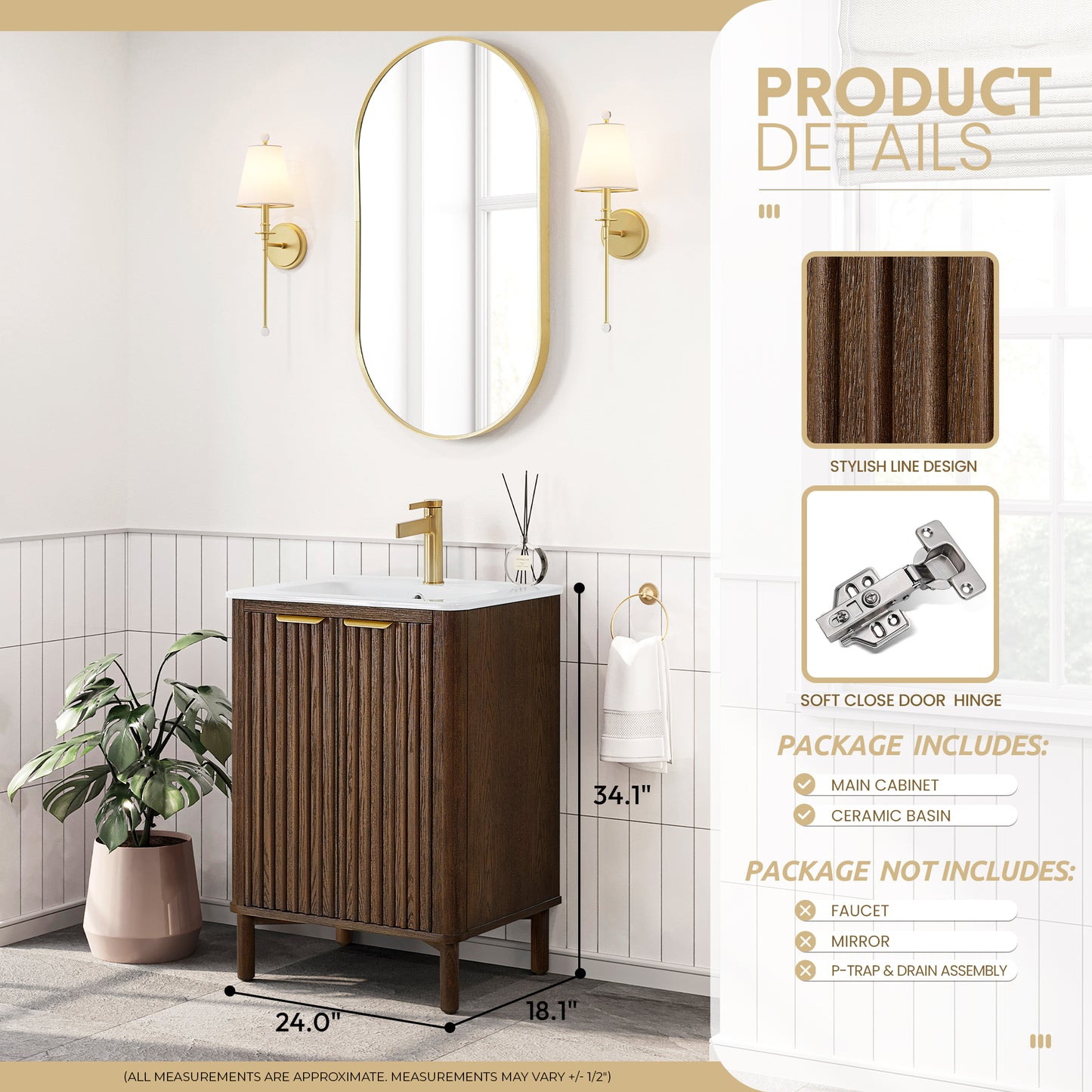 Vinnova, Mumbai 24" Free-standing Single Bath Vanity in Aged Dark Brown Oak with Drop-In White Ceramic Basin Top