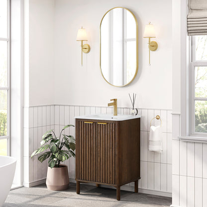 Vinnova, Mumbai 24" Free-standing Single Bath Vanity in Aged Dark Brown Oak with Drop-In White Ceramic Basin Top