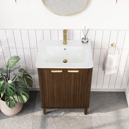 Vinnova, Mumbai 24" Free-standing Single Bath Vanity in Aged Dark Brown Oak with Drop-In White Ceramic Basin Top