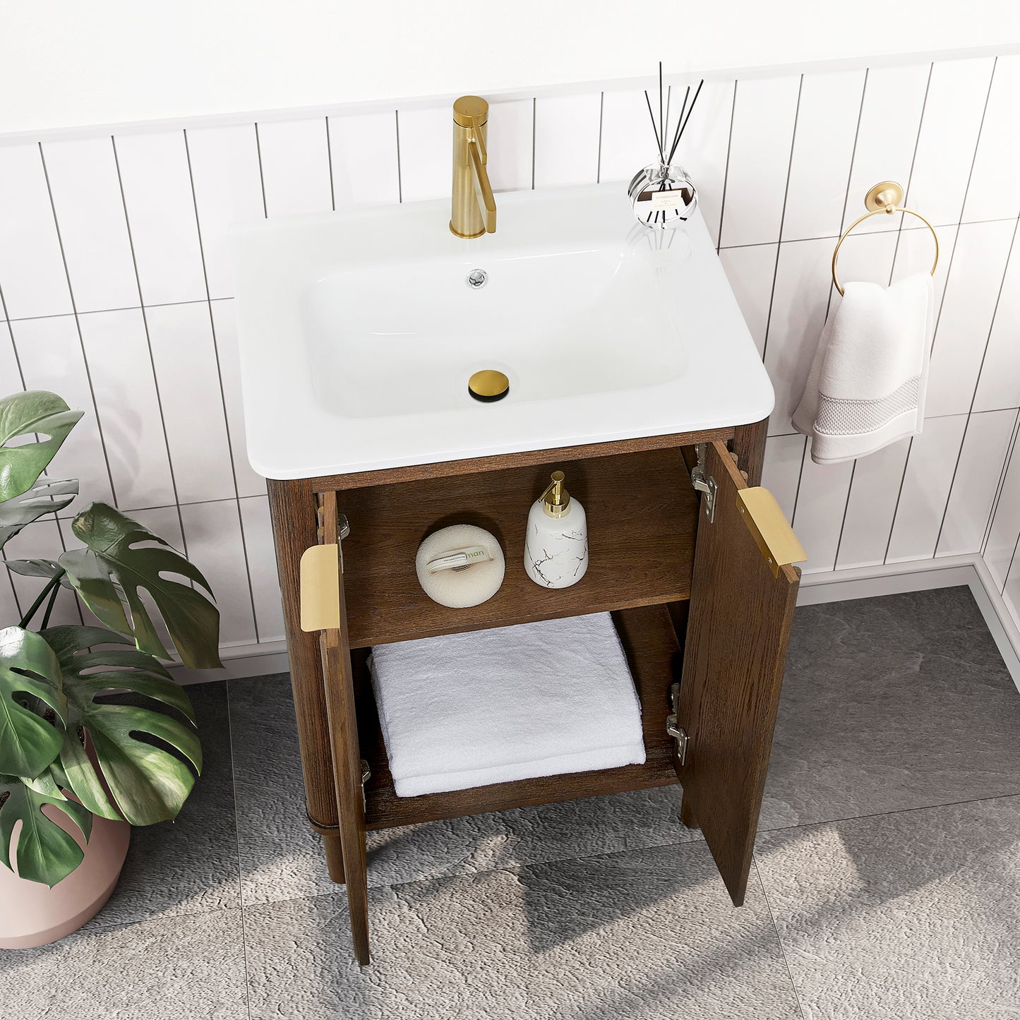 Vinnova, Mumbai 24" Free-standing Single Bath Vanity in Aged Dark Brown Oak with Drop-In White Ceramic Basin Top