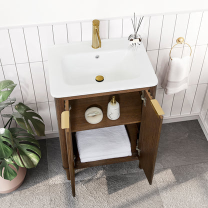 Vinnova, Mumbai 24" Free-standing Single Bath Vanity in Aged Dark Brown Oak with Drop-In White Ceramic Basin Top