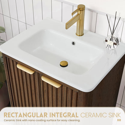 Vinnova, Mumbai 24" Free-standing Single Bath Vanity in Aged Dark Brown Oak with Drop-In White Ceramic Basin Top