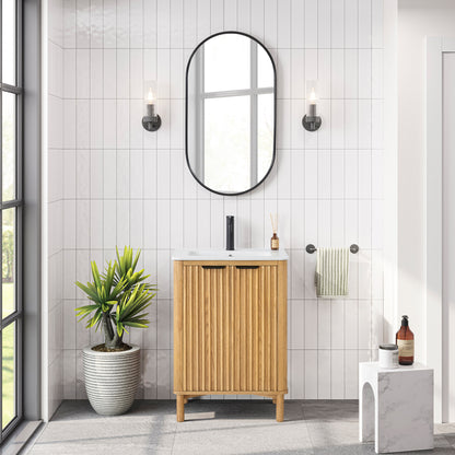 Vinnova, Mumbai 24" Free-standing Single Bath Vanity in Oak Weathering Light Brown with Drop-In White Ceramic Basin Top