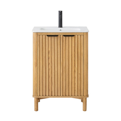 Vinnova, Mumbai 24" Free-standing Single Bath Vanity in Oak Weathering Light Brown with Drop-In White Ceramic Basin Top