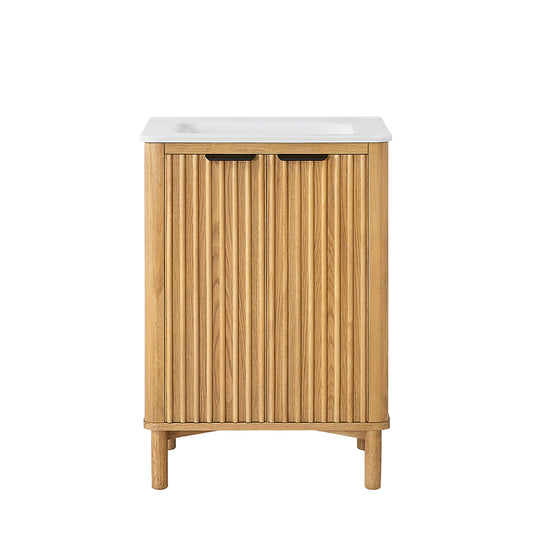 Vinnova, Mumbai 24" Free-standing Single Bath Vanity in Oak Weathering Light Brown with Drop-In White Ceramic Basin Top