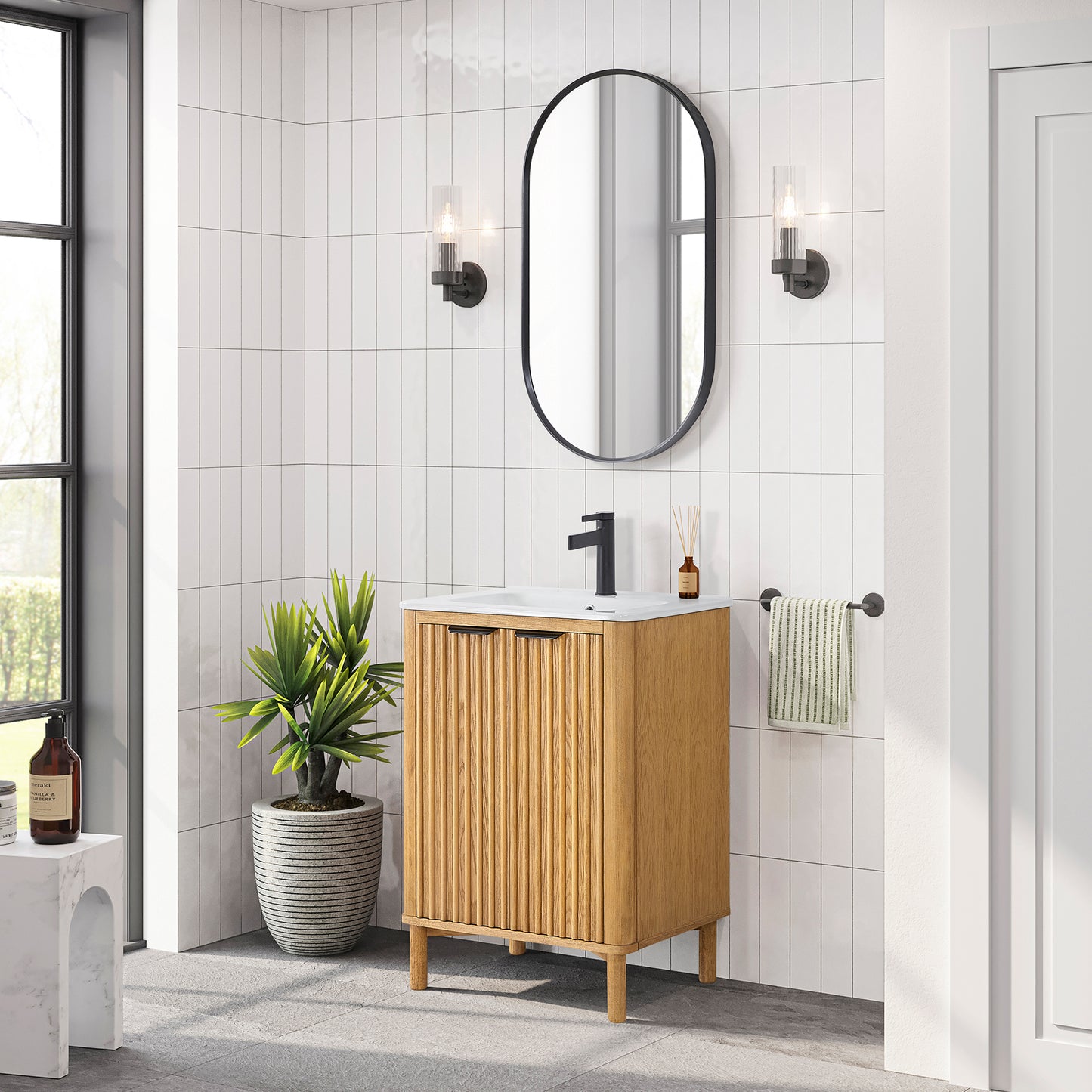Vinnova, Mumbai 24" Free-standing Single Bath Vanity in Oak Weathering Light Brown with Drop-In White Ceramic Basin Top