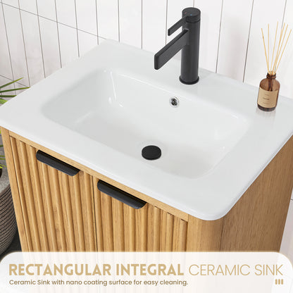 Vinnova, Mumbai 24" Free-standing Single Bath Vanity in Oak Weathering Light Brown with Drop-In White Ceramic Basin Top