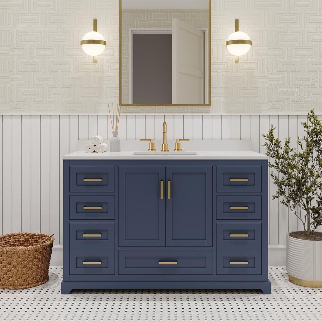 Ayna Decors Maya 48 Inch Navy Blue Bath Vanity with Pure White Quartz Countertop