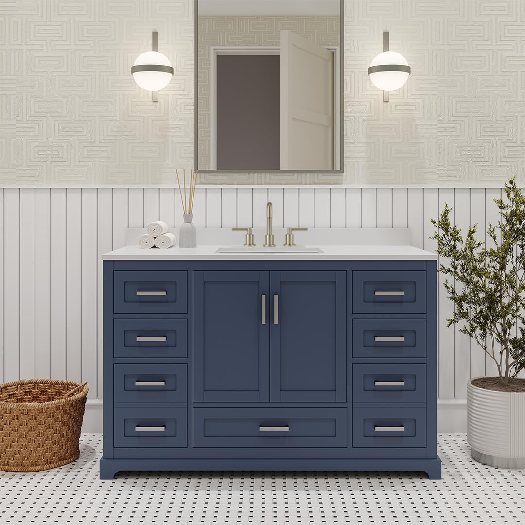 Ayna Decors Maya 48 Inch Navy Blue Bath Vanity with Pure White Quartz Countertop