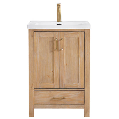 Vinnova, Gela 24" Single Sink Bath Vanity in Fir Wood Brown with Drop-In White Ceramic Basin