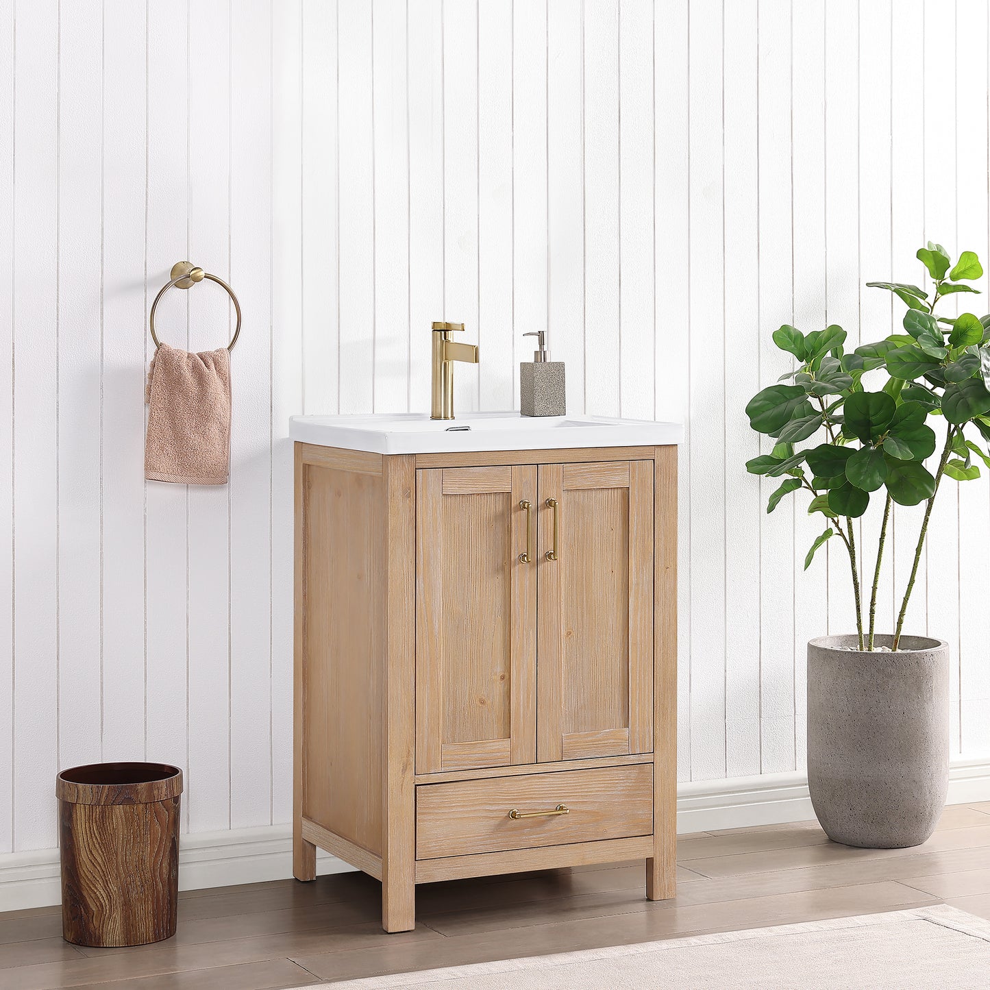 Vinnova, Gela 24" Single Sink Bath Vanity in Fir Wood Brown with Drop-In White Ceramic Basin