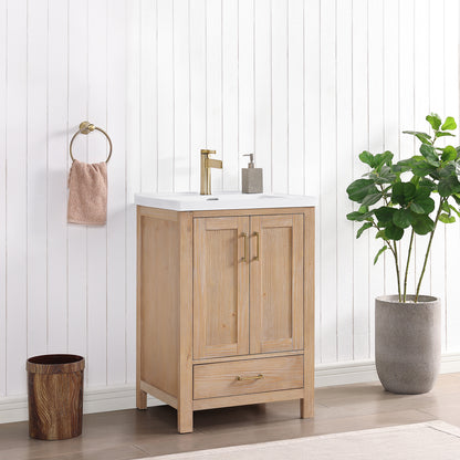 Vinnova, Gela 24" Single Sink Bath Vanity in Fir Wood Brown with Drop-In White Ceramic Basin